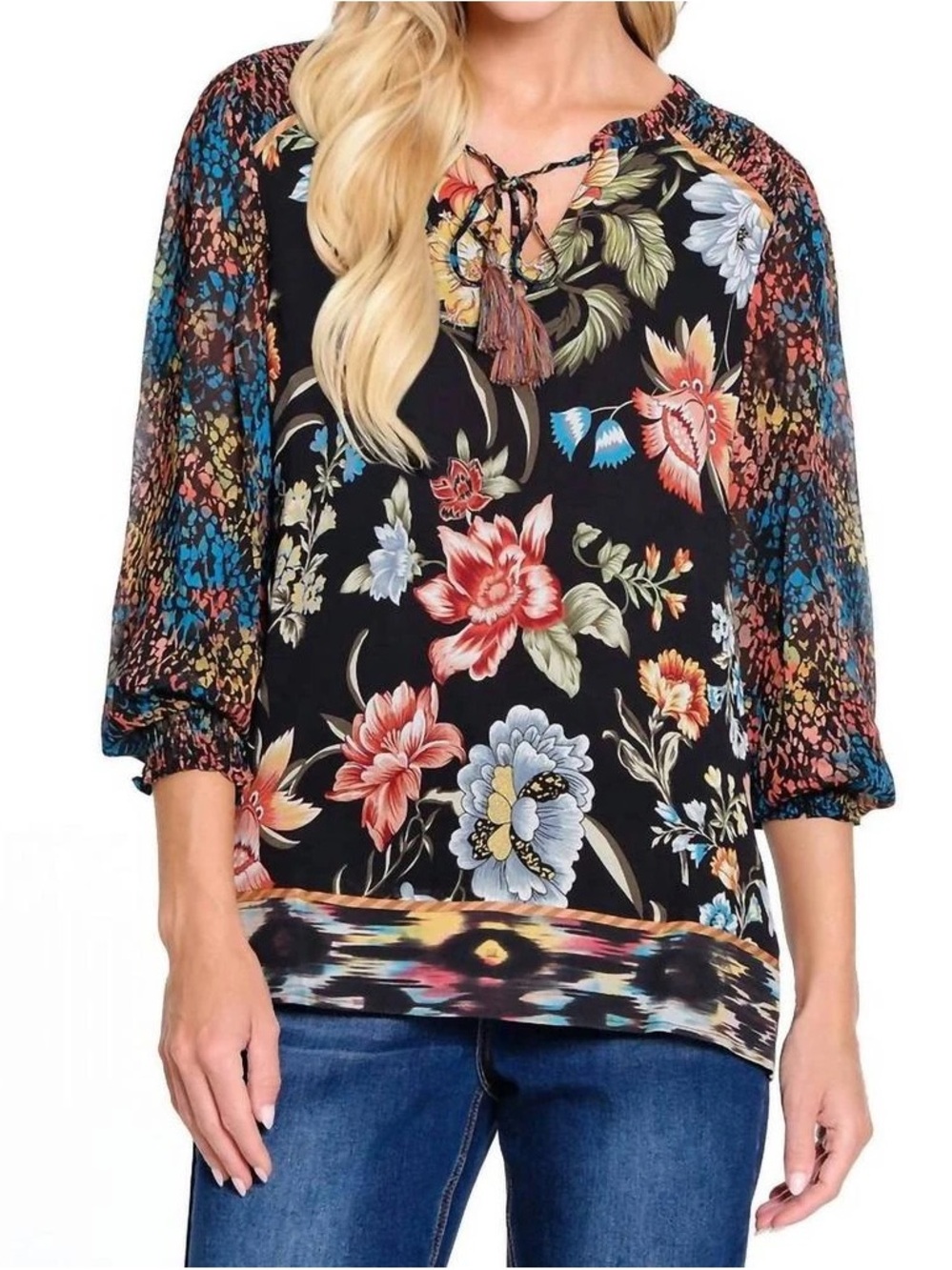 NWT John Mark Mixed Print Tunic Split Neck Top